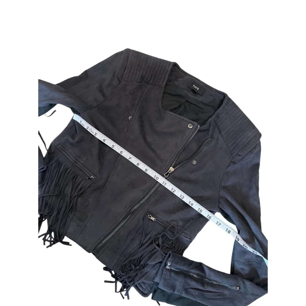 FATE Revolve Black Fringe Trim Faux Suede Asymmetrical Zip Lightweight Jacket S - Picture 7 of 10